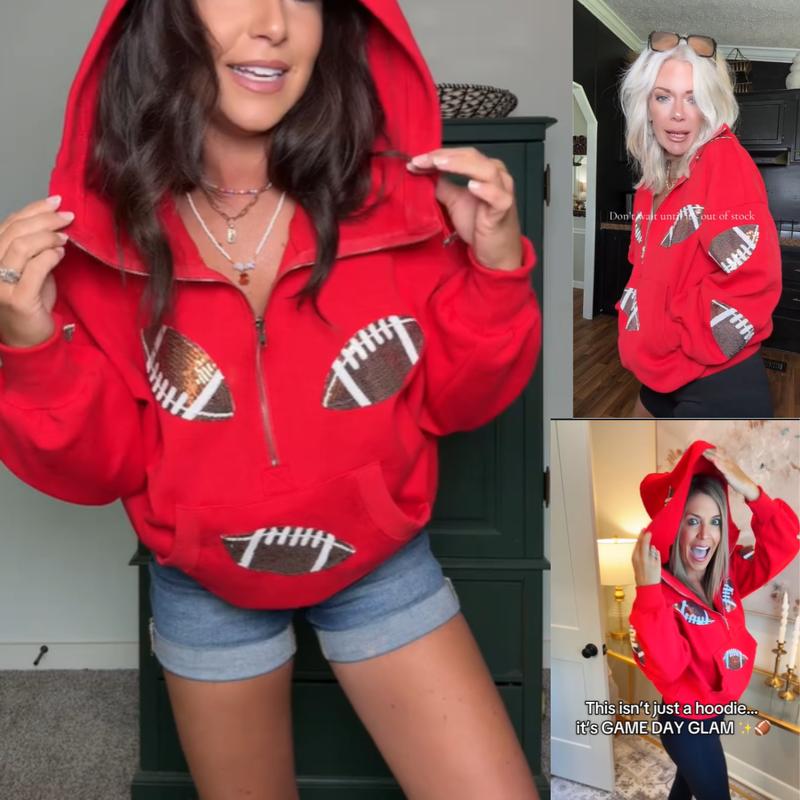 Ommig Women's Oversized Game Day Hoodie Casual Long‑Sleeve Half‑Zip Pullover with Sequin Football Print Kangaroo Pocket