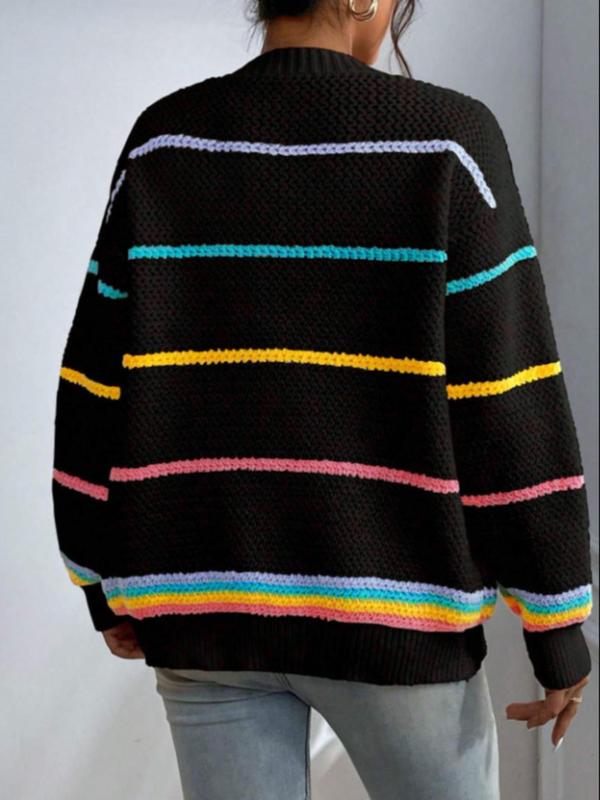 Women's Striped Open-Front Loose Colorblock Knit Cardigan, Casual Drop-Shoulder Long-Sleeve Pocket Knitwear Fit for Fall and Winter Daily Wear