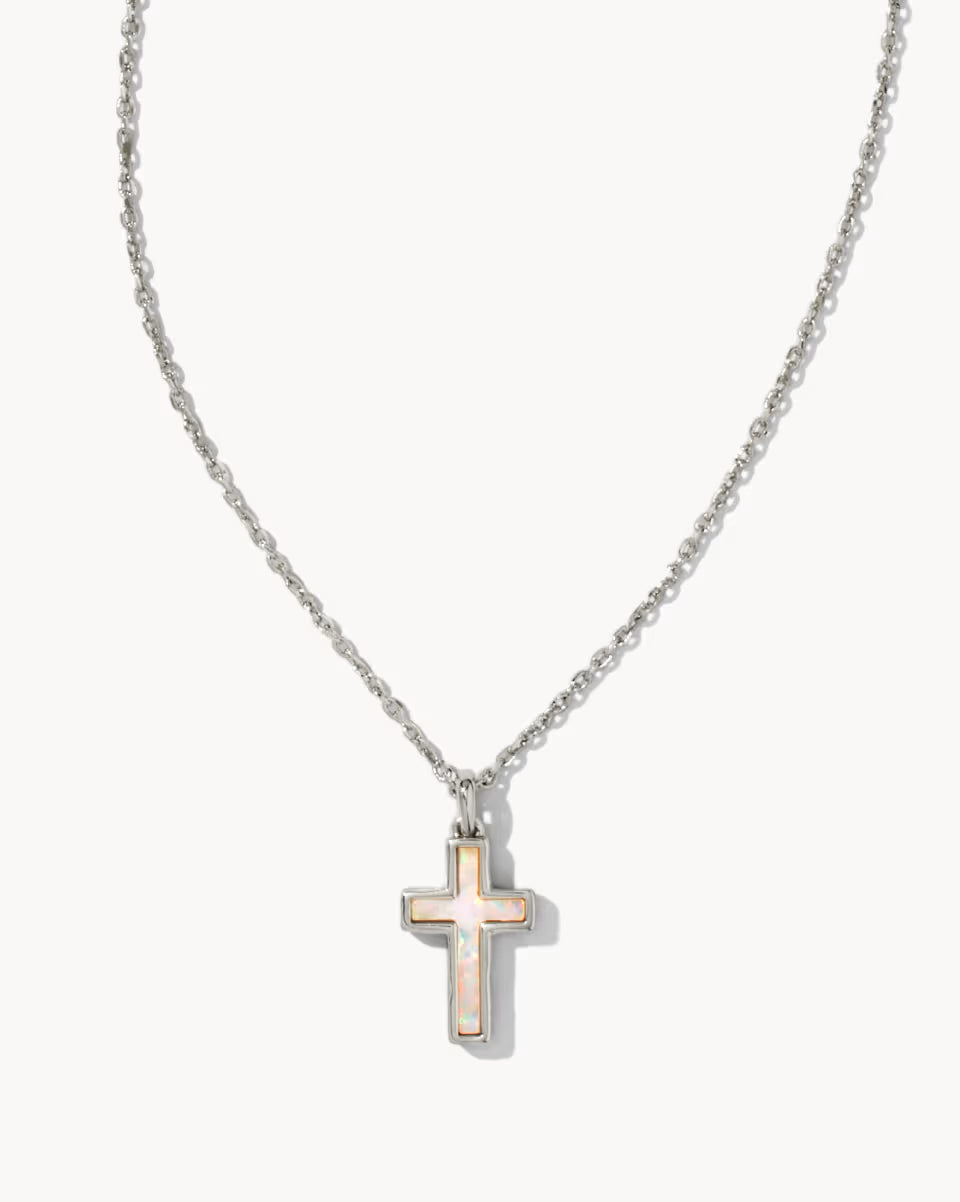 Cross Silver Pendant Necklace in White Lab Grown Opal