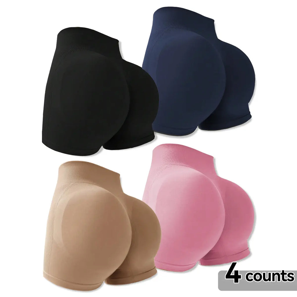 4-Pieces High Waist Tummy Control Side-Ribbed Butt-Lifting Seamless Knitted Shorts, Lightweighted Summer Shorts,  Stretchy Womenswear Bottom Peachy Shorts