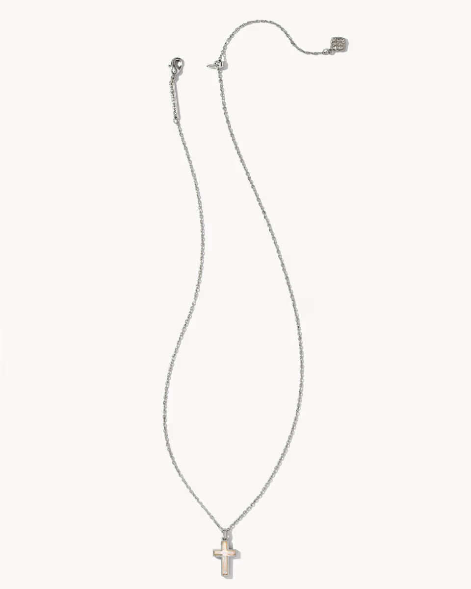 Cross Silver Pendant Necklace in White Lab Grown Opal