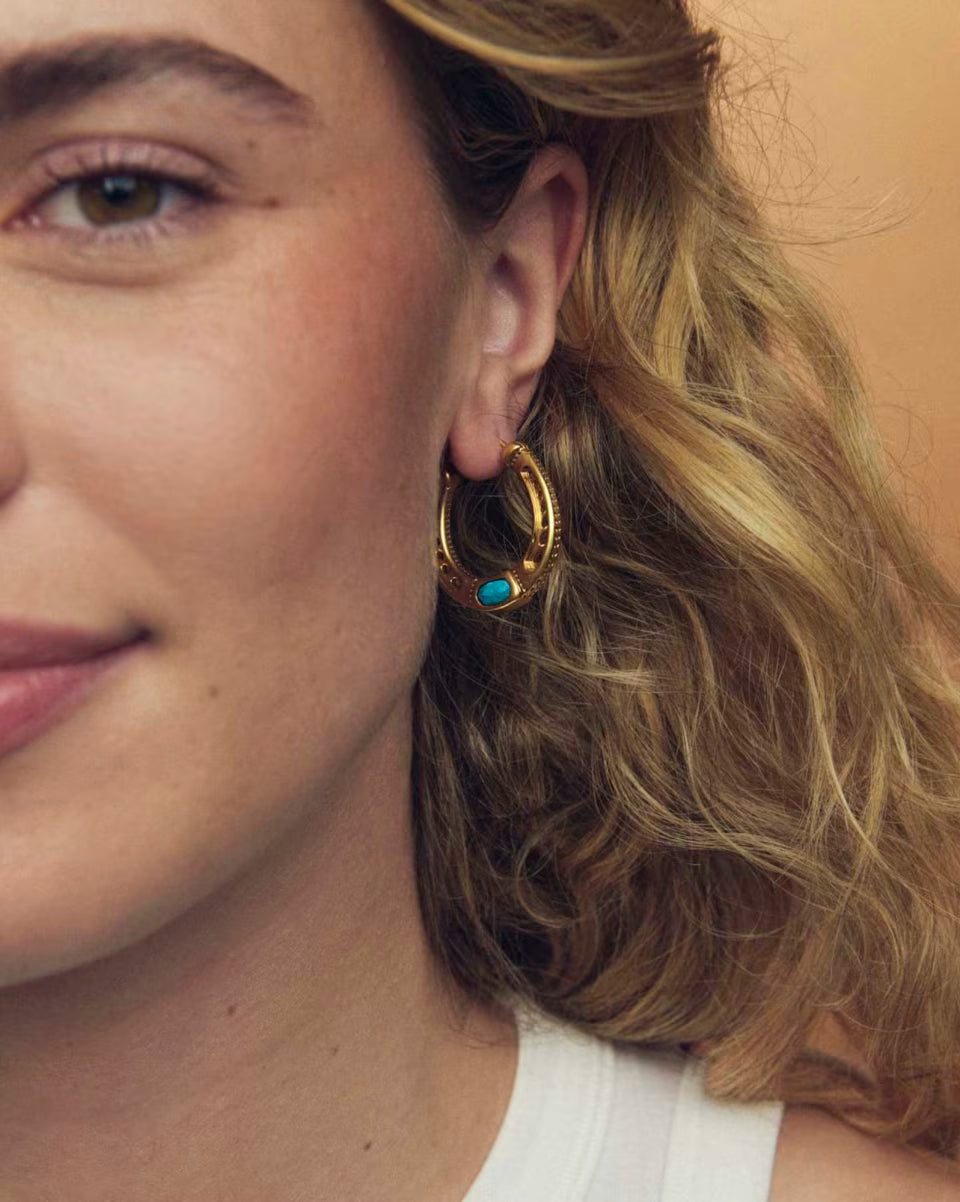 Noble Vintage Silver Horseshoe Hoop Earrings in Variegated Dark Teal Magnesite