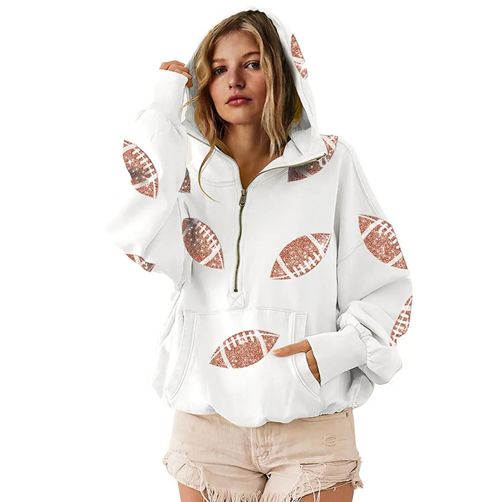 Ommig Women's Oversized Game Day Hoodie Casual Long‑Sleeve Half‑Zip Pullover with Sequin Football Print Kangaroo Pocket