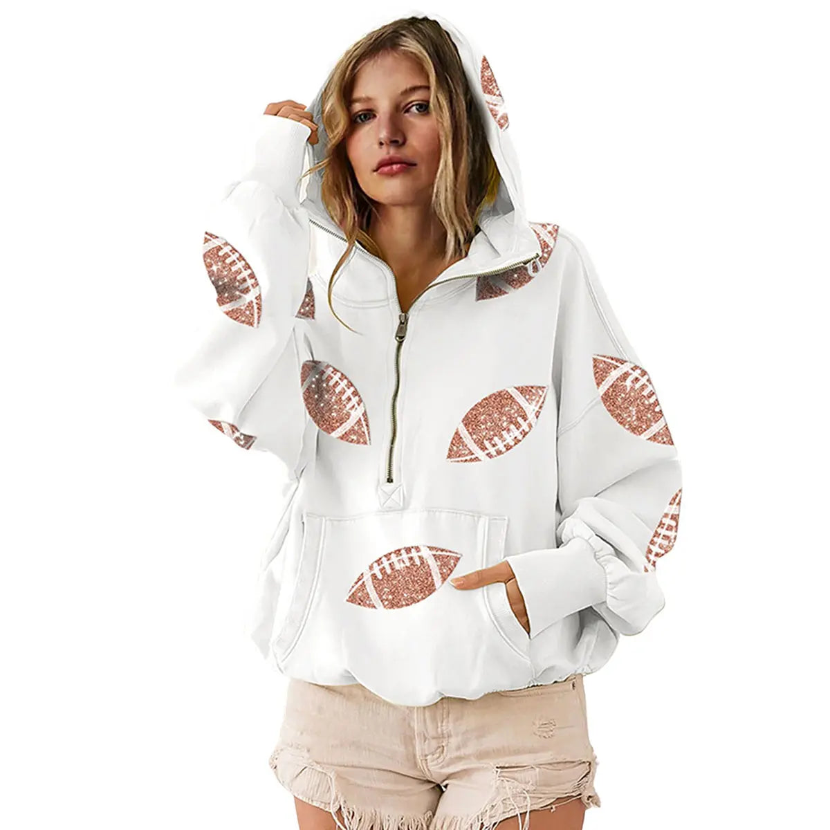 Ommig Women's Oversized Game Day Hoodie Casual Long‑Sleeve Half‑Zip Pullover with Sequin Football Print Kangaroo Pocket