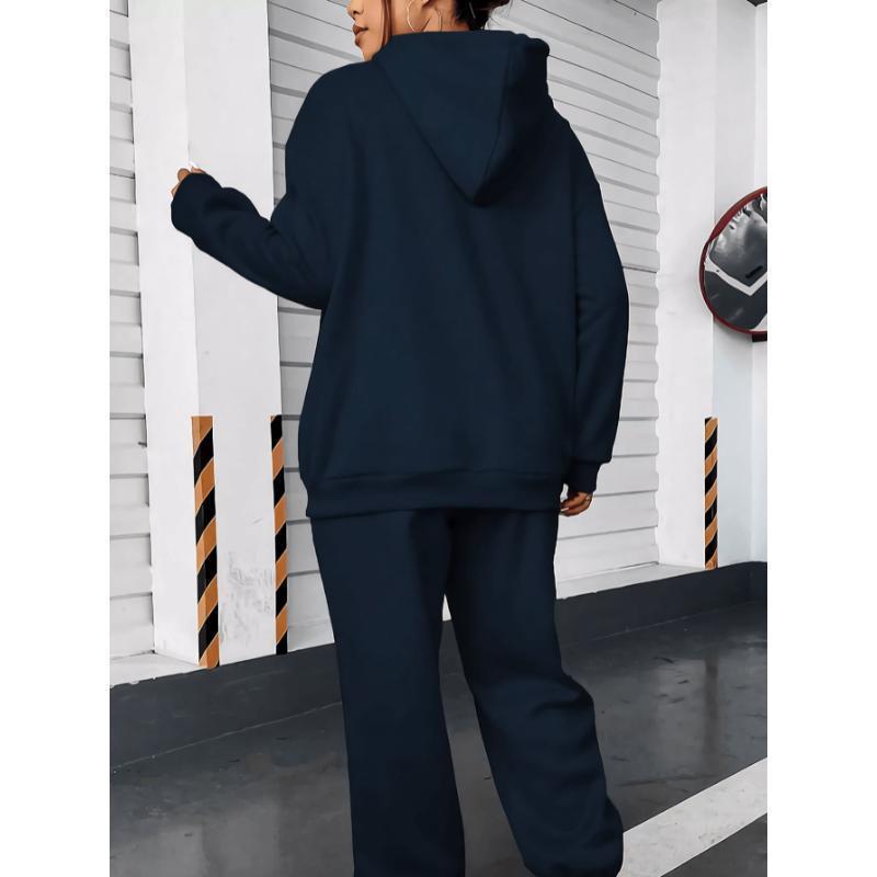 Women's Casual Sweat Suit - Long Sleeve Hoodie & Sweatpants with Pockets, Geometric Pattern Knit Set, Comfortable for Autumn/Winte
