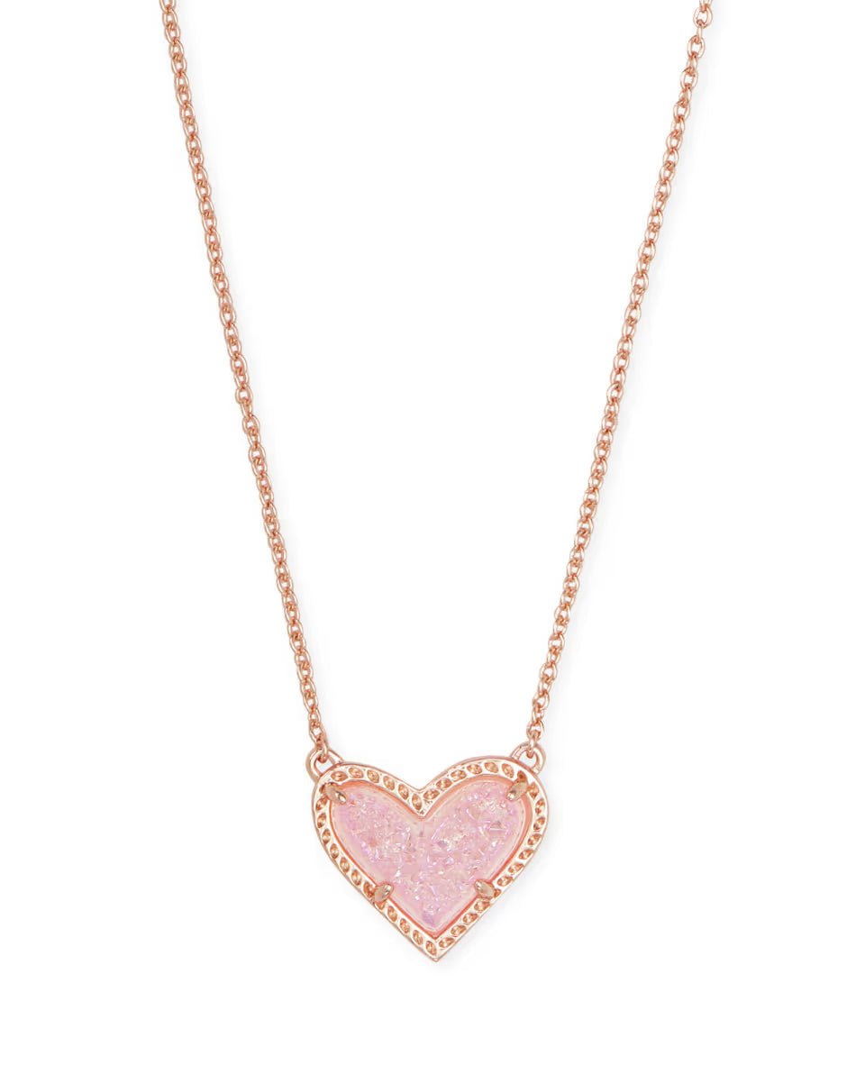 Ari Heart Rose Gold Pendant Necklace in Light Pink Drusy