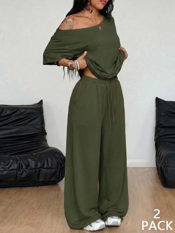 2pcs/Set Women's Clothes Minimalist Basic Casual Daily Wear Everyday Going Out Sport Comfortable Loose Baggy Off Shoulder T-Shirt And Wide Leg Pants Two Pieces Outfits