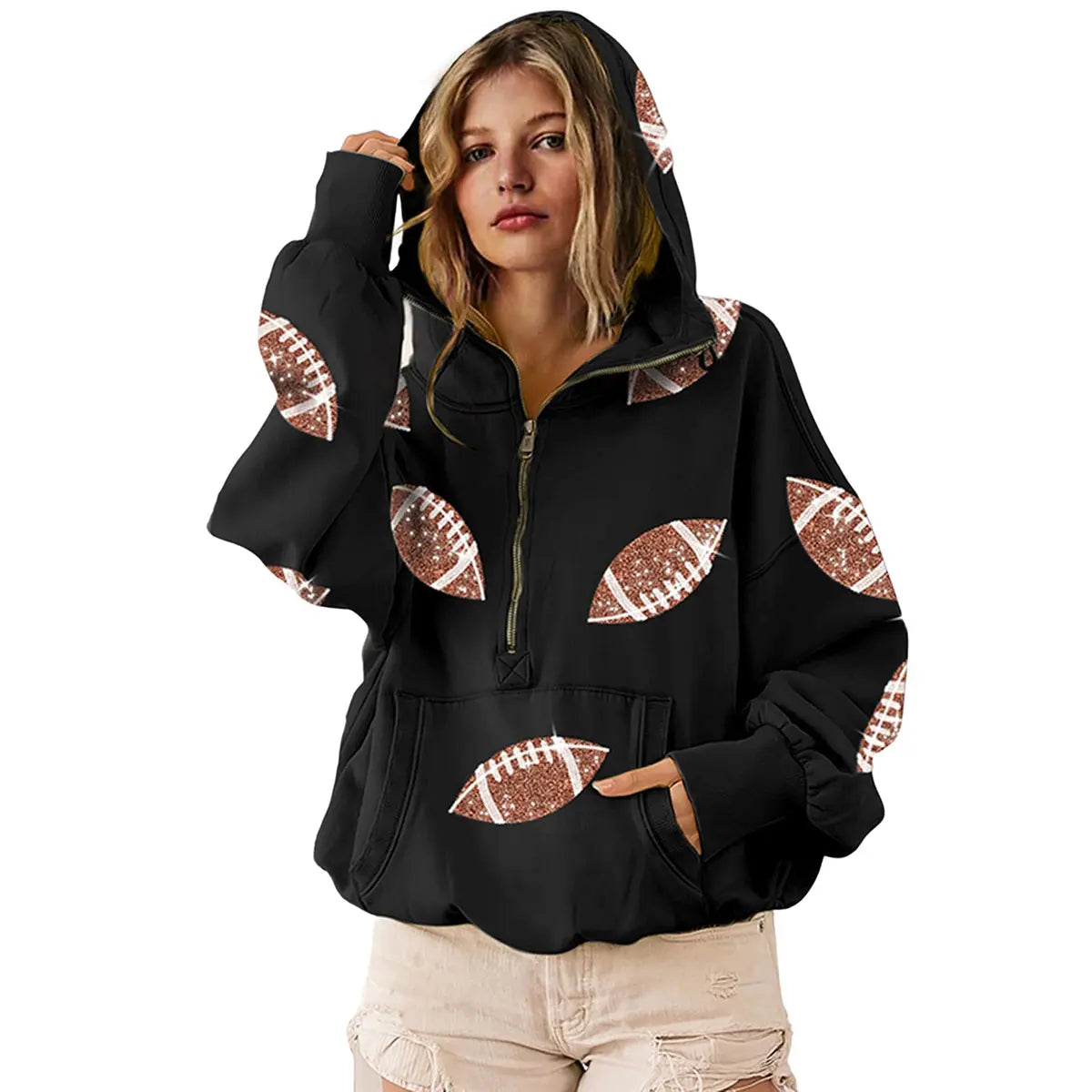 Ommig Women's Oversized Game Day Hoodie Casual Long‑Sleeve Half‑Zip Pullover with Sequin Football Print Kangaroo Pocket