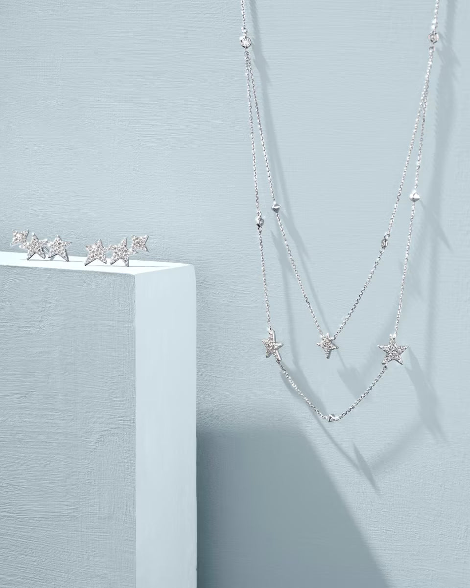 0.19 ct Star Cluster 14k White Gold Multi Strand Necklace in White Diamond