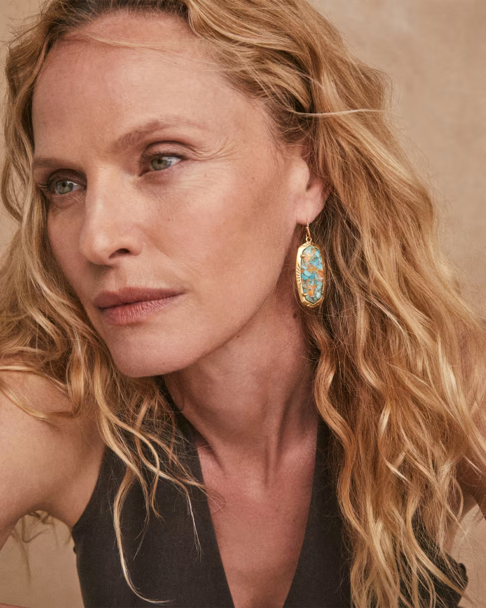 Elle Vintage Gold Etch Frame Drop Earrings in Bronze Veined Turquoise Magnesite Red Oyster