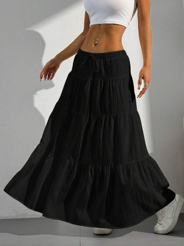 Women's Plain Color Decorative Tie Waist Ruffle Hem Half Skirt, Long Loose-Fitting Cake Skirt, Sweet Style, Unlined, Batch Number 18002