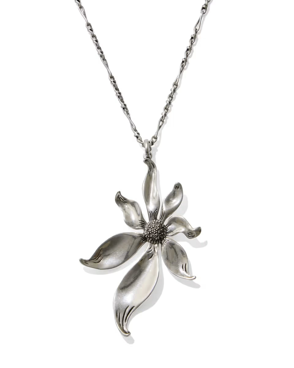 Anya Flower Vintage Silver Long Pendant Necklace