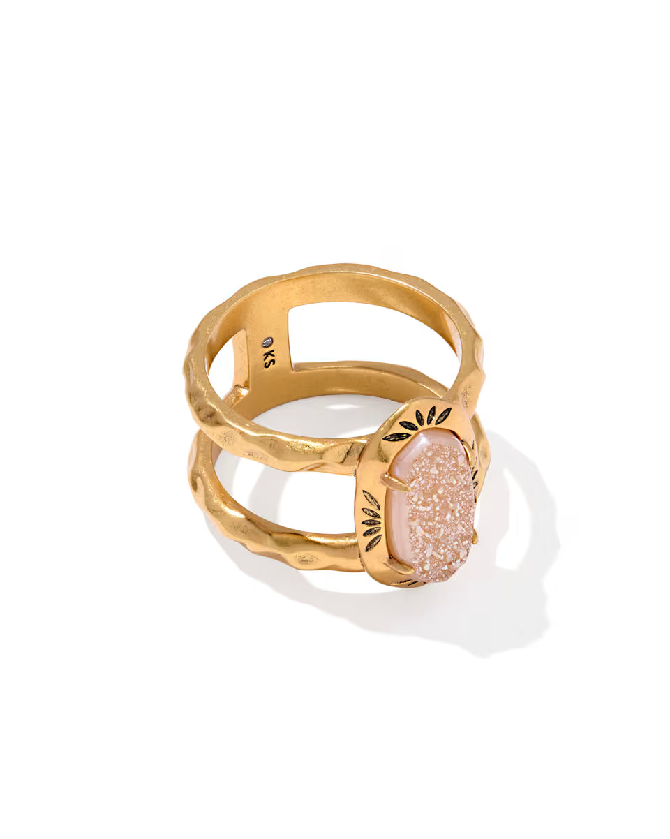 Elyse Vintage Gold Etch Frame Band Ring in Blush Pink Quartzite