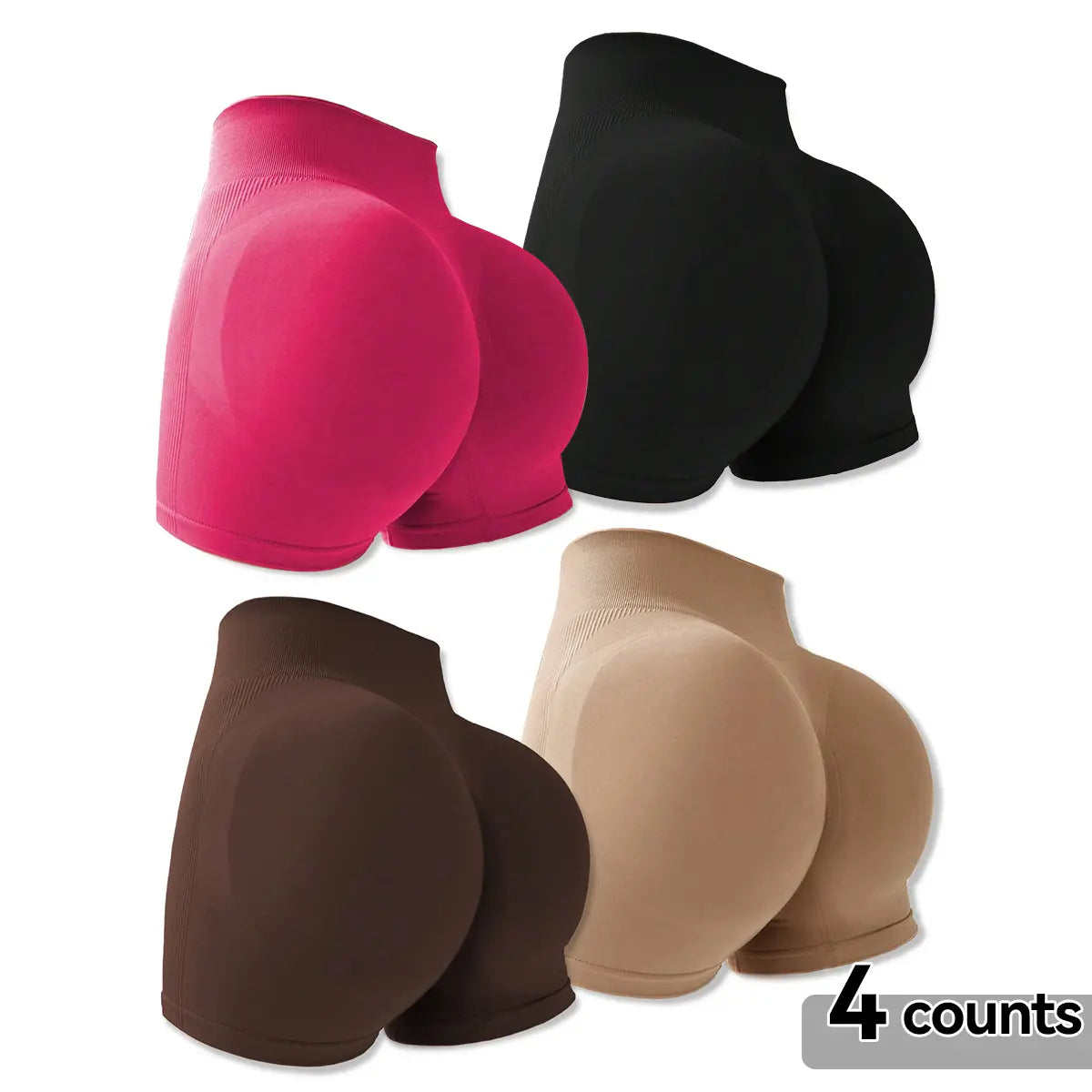 4-Pieces High Waist Tummy Control Side-Ribbed Butt-Lifting Seamless Knitted Shorts, Lightweighted Summer Shorts,  Stretchy Womenswear Bottom Peachy Shorts