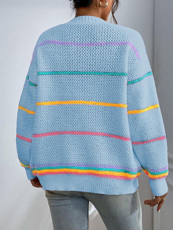Women's Striped Open-Front Loose Colorblock Knit Cardigan, Casual Drop-Shoulder Long-Sleeve Pocket Knitwear Fit for Fall and Winter Daily Wear