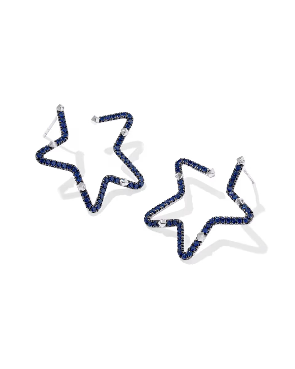 1.17 ct Lab Grown Blue Sapphire Star 14k White Gold Hoop Earrings