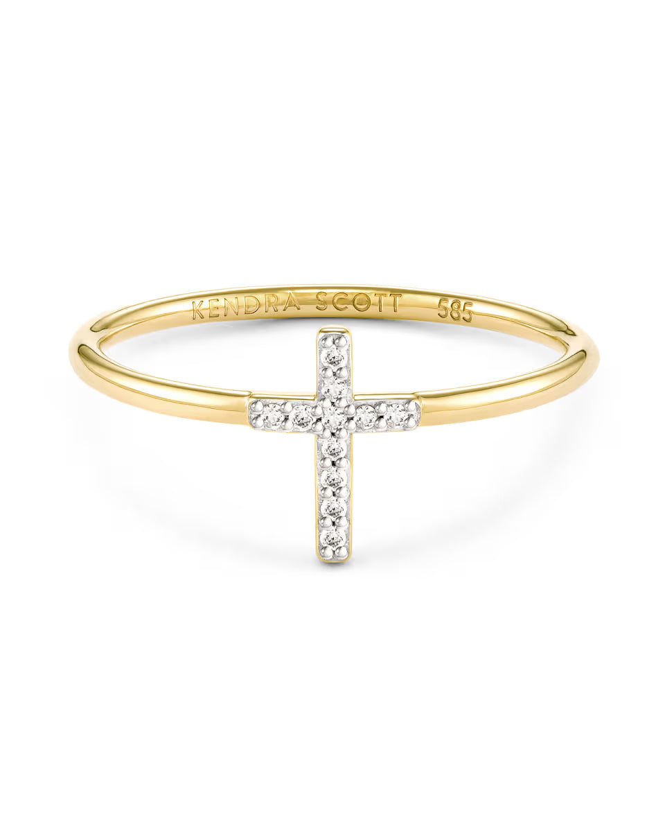 Cross 14k White Gold Band Ring in White Diamond