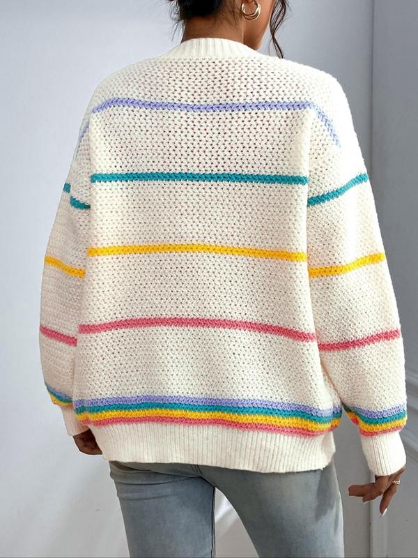 Women's Striped Open-Front Loose Colorblock Knit Cardigan, Casual Drop-Shoulder Long-Sleeve Pocket Knitwear Fit for Fall and Winter Daily Wear