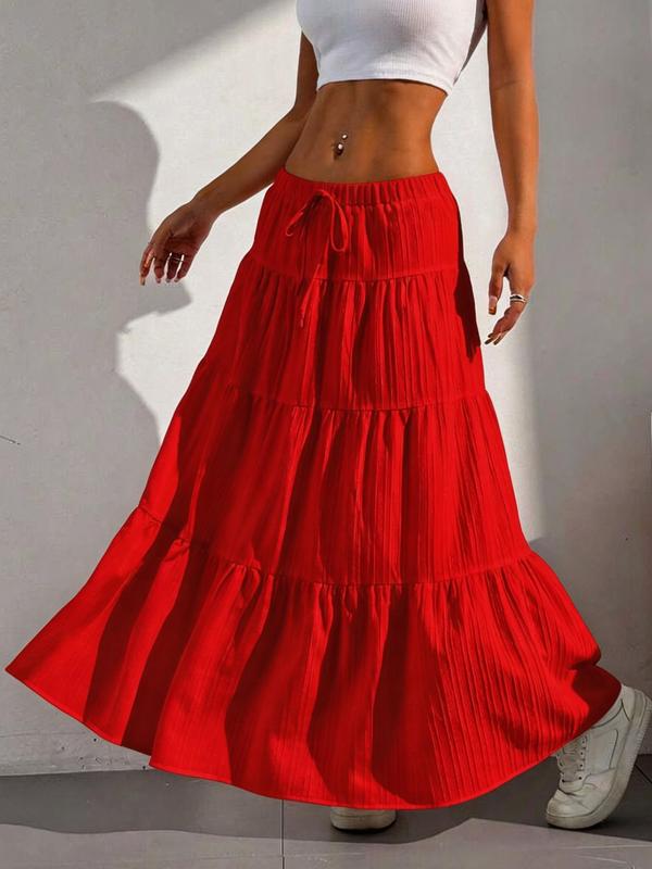 Women's Plain Color Decorative Tie Waist Ruffle Hem Half Skirt, Long Loose-Fitting Cake Skirt, Sweet Style, Unlined, Batch Number 18002