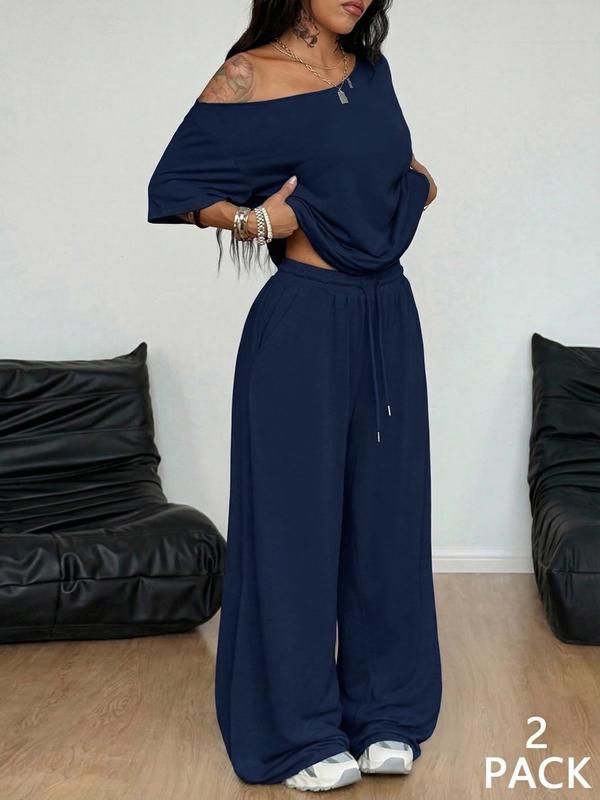 2pcs/Set Women's Clothes Minimalist Basic Casual Daily Wear Everyday Going Out Sport Comfortable Loose Baggy Off Shoulder T-Shirt And Wide Leg Pants Two Pieces Outfits
