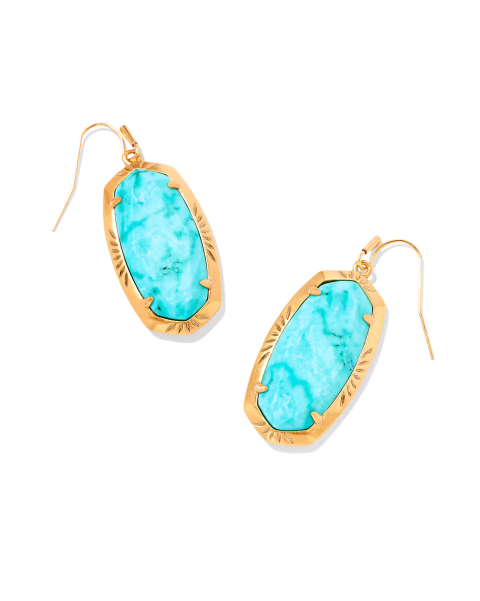 Elle Vintage Gold Etch Frame Drop Earrings in Bronze Veined Turquoise Magnesite Red Oyster