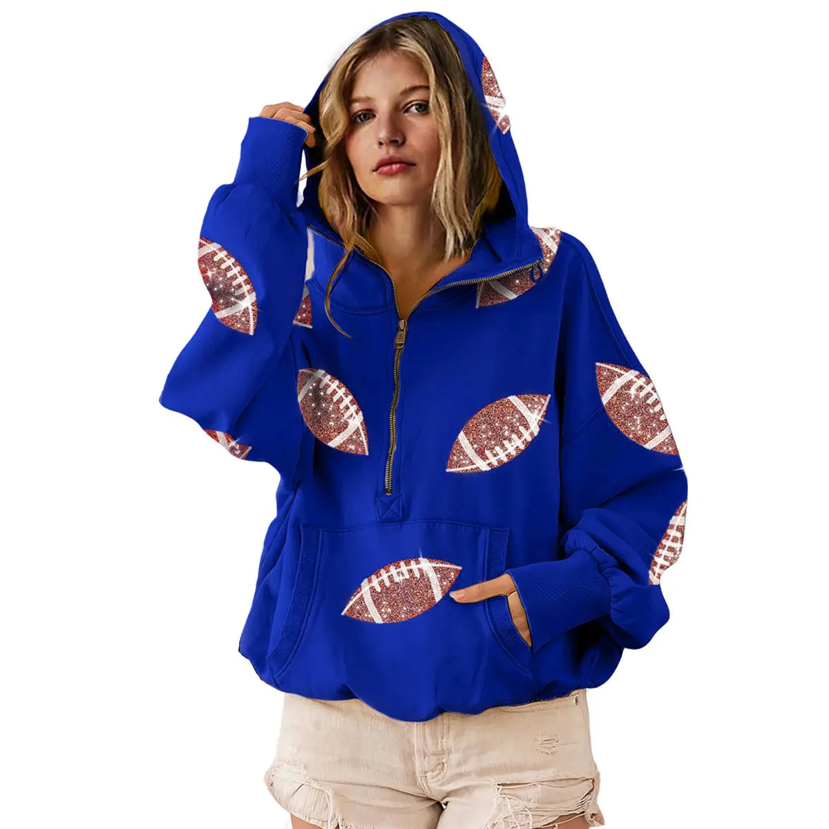 Ommig Women's Oversized Game Day Hoodie Casual Long‑Sleeve Half‑Zip Pullover with Sequin Football Print Kangaroo Pocket