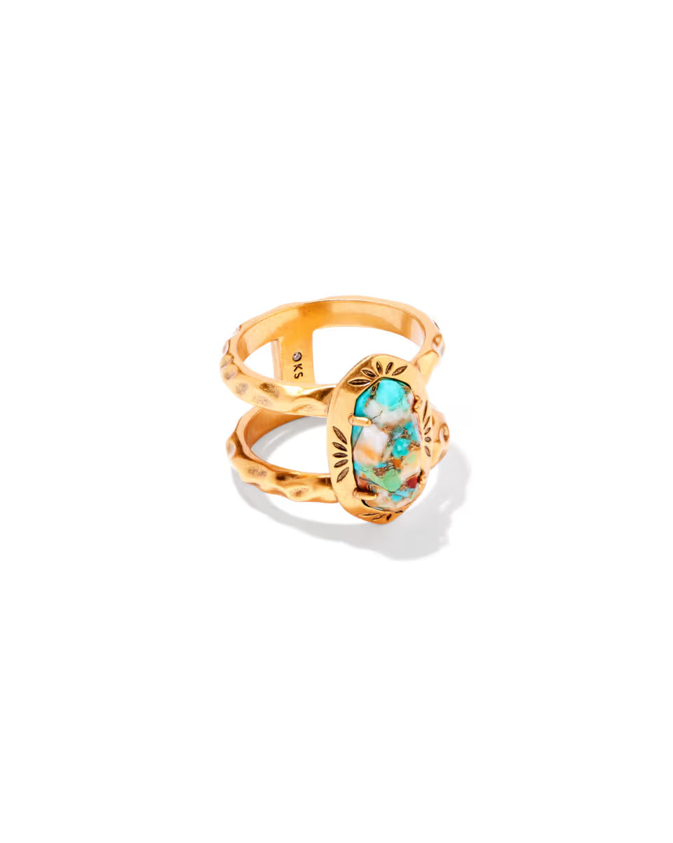 Elyse Vintage Gold Etch Frame Band Ring in Bronze Veined Turquoise Magnesite Red Oyster