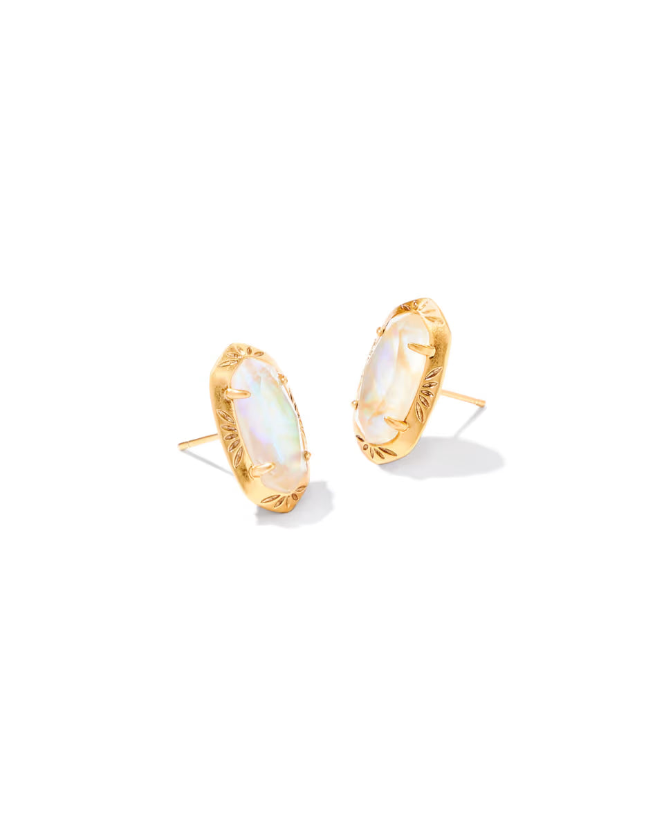 Ellie Vintage Gold Etch Frame Stud Earrings in Variegated Turquoise Magnesite