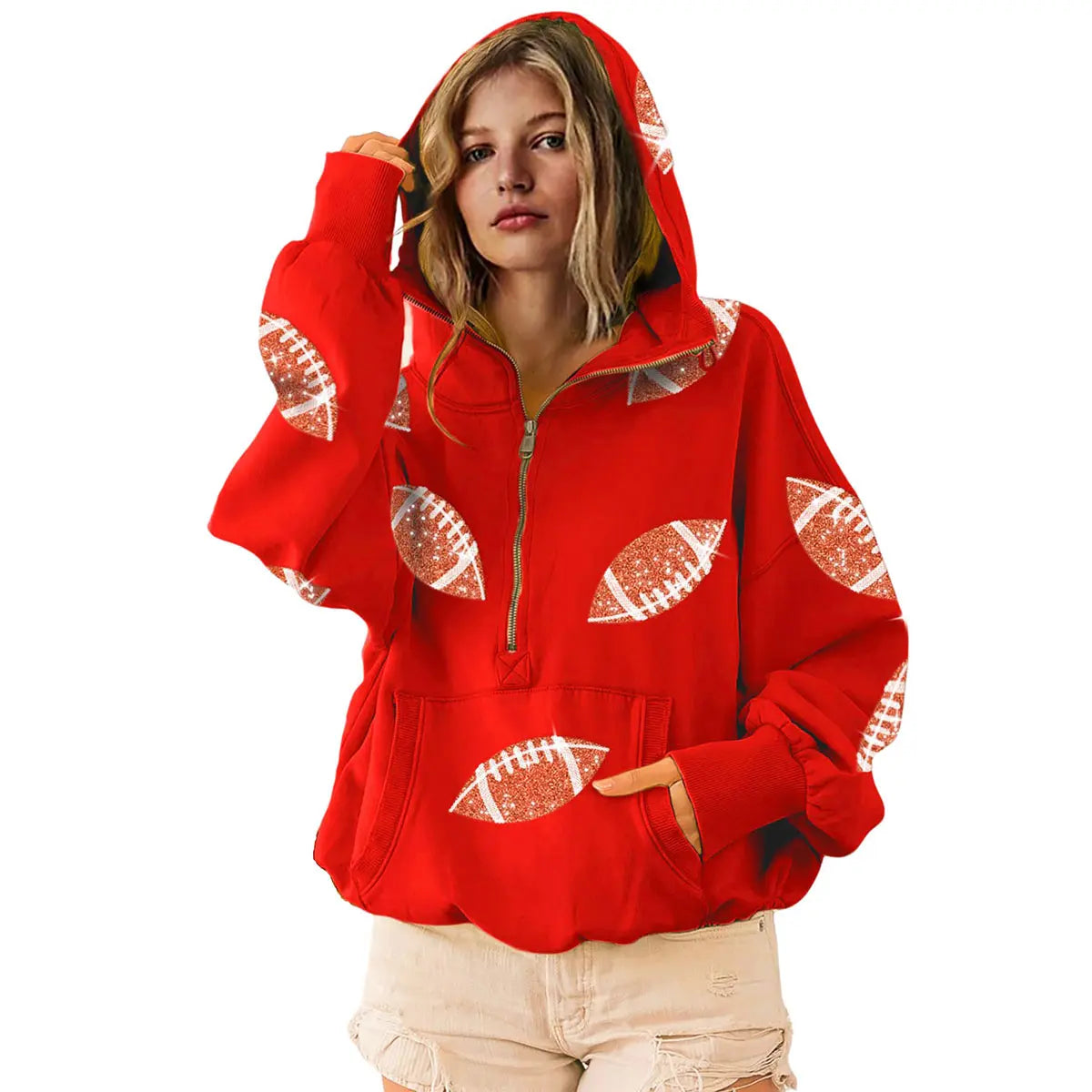 Ommig Women's Oversized Game Day Hoodie Casual Long‑Sleeve Half‑Zip Pullover with Sequin Football Print Kangaroo Pocket