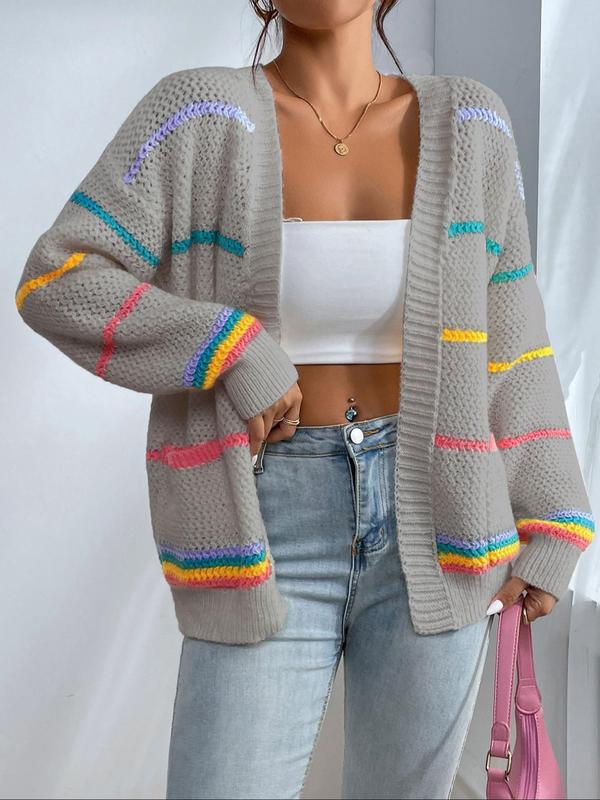 Women's Striped Open-Front Loose Colorblock Knit Cardigan, Casual Drop-Shoulder Long-Sleeve Pocket Knitwear Fit for Fall and Winter Daily Wear