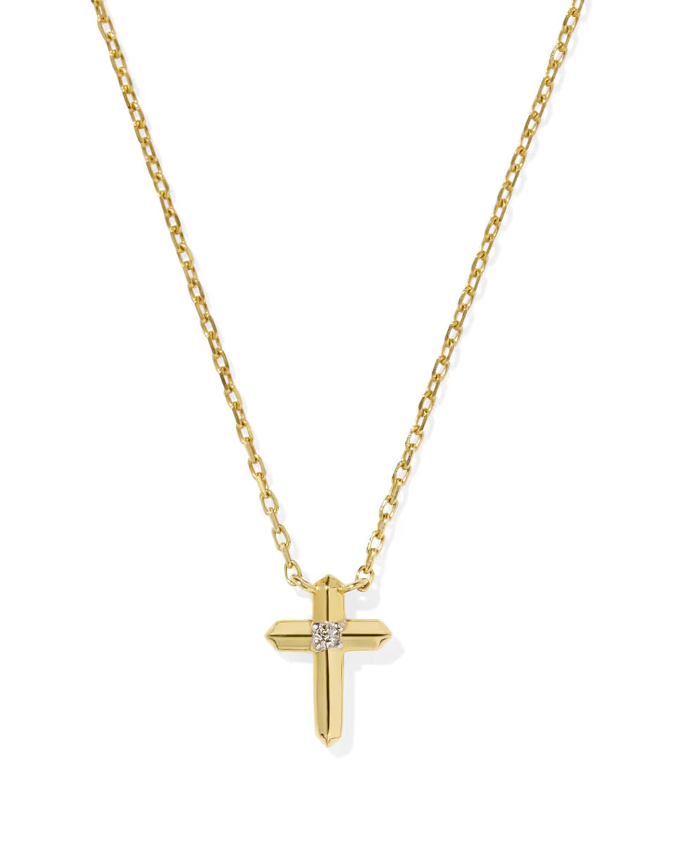 Tiny Cross 14k Yellow Gold Pendant Necklace in White Diamond