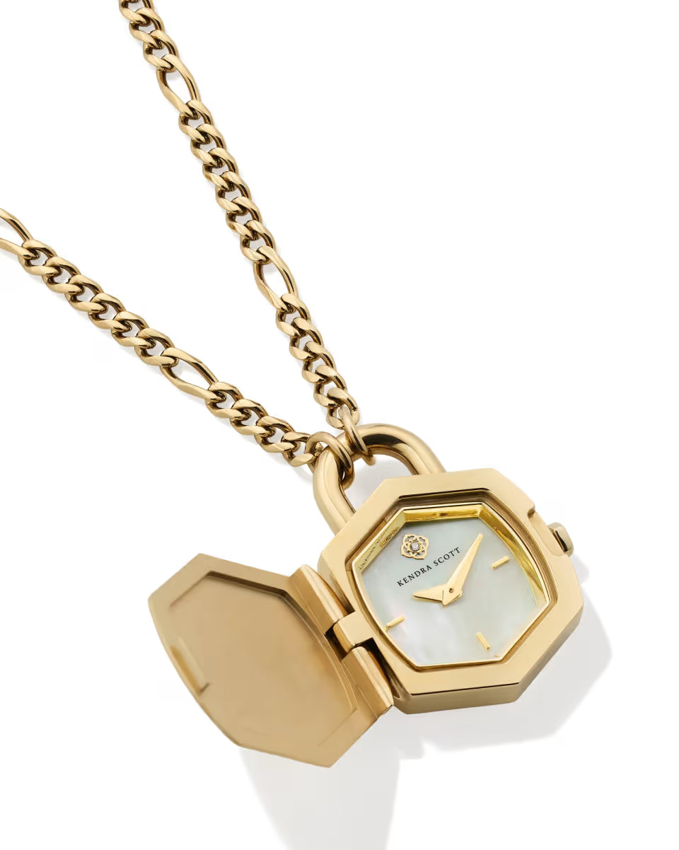 Davie Gold Diamond Locket Watch Pendant Necklace