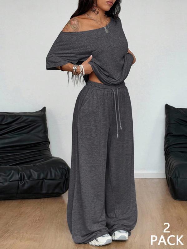 2pcs/Set Women's Clothes Minimalist Basic Casual Daily Wear Everyday Going Out Sport Comfortable Loose Baggy Off Shoulder T-Shirt And Wide Leg Pants Two Pieces Outfits
