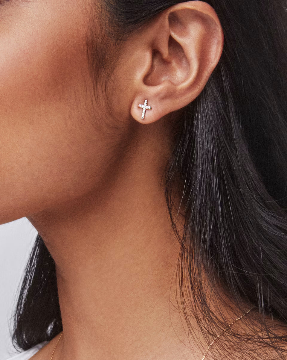 Cross 14k Yellow Gold Medium Stud Earrings in White Diamond