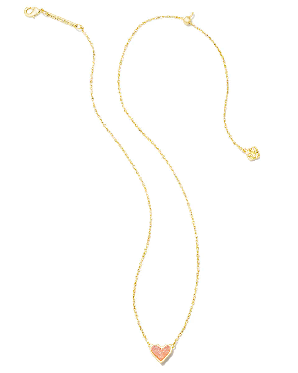 Framed Ari Heart Gold Short Pendant Necklace in Light Pink Drusy