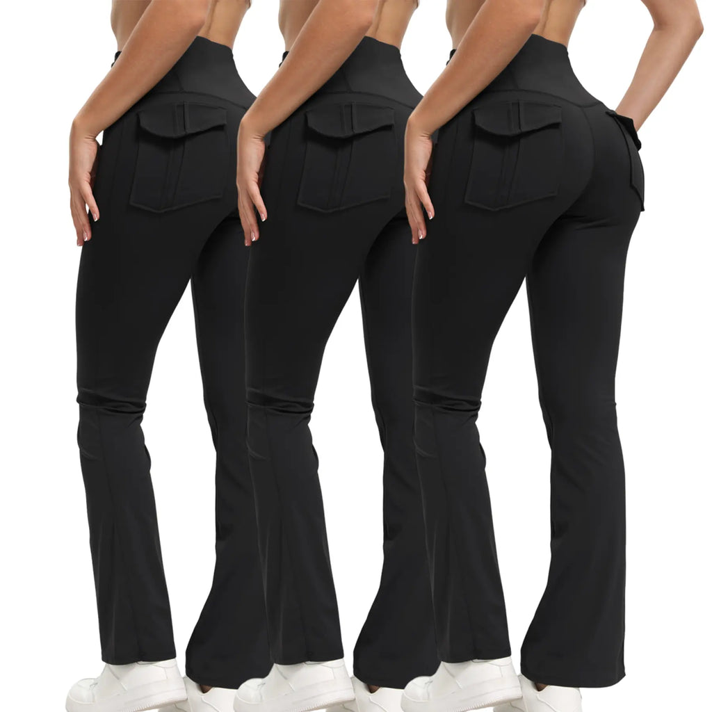3PCS Women’s Flared Leggings with Pockets – Butt-Lifting Yoga & Workout Pants, Stretchy Activewear, Grey Streetwear Fitness Pants