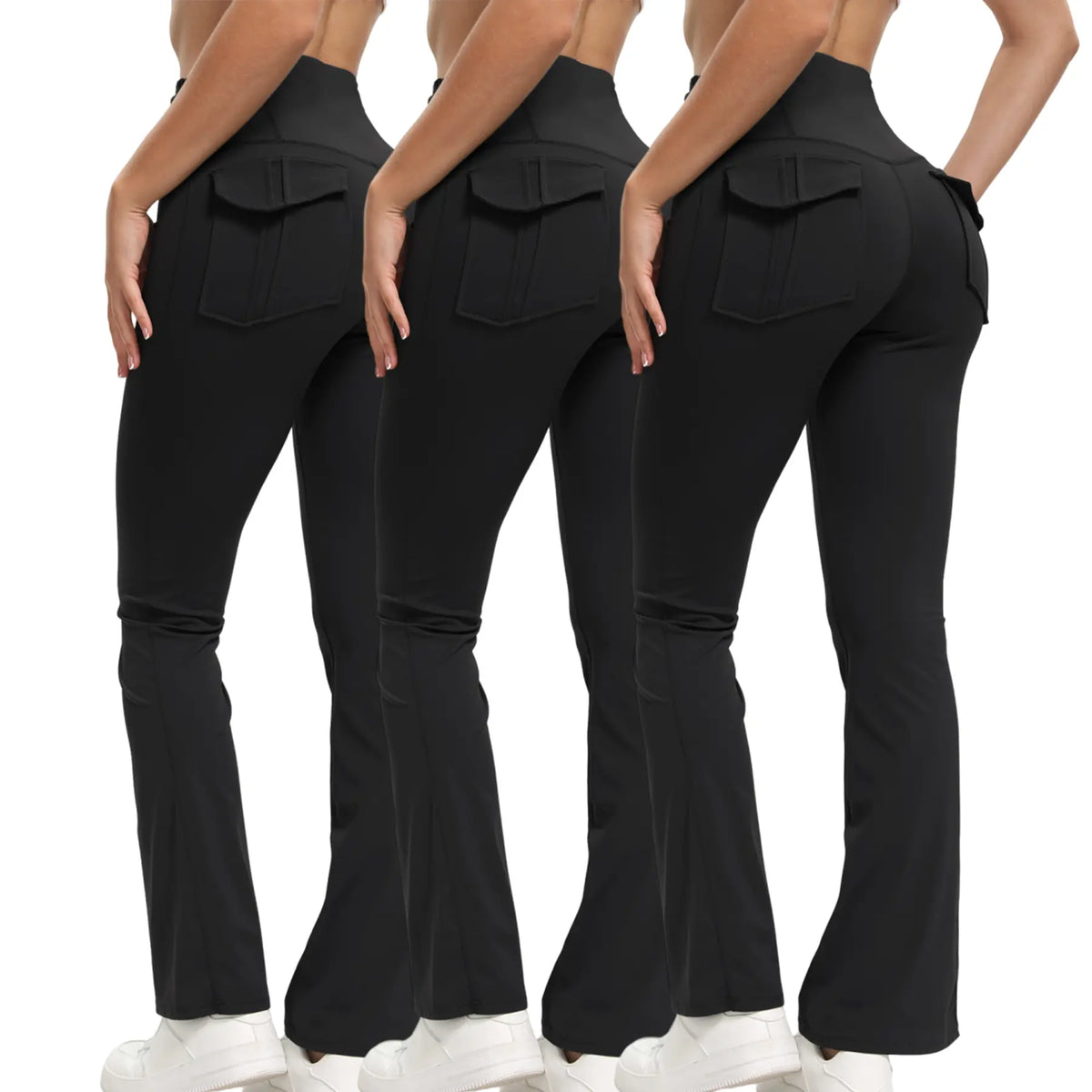 3PCS Women’s Flared Leggings with Pockets – Butt-Lifting Yoga & Workout Pants, Stretchy Activewear, Grey Streetwear Fitness Pants