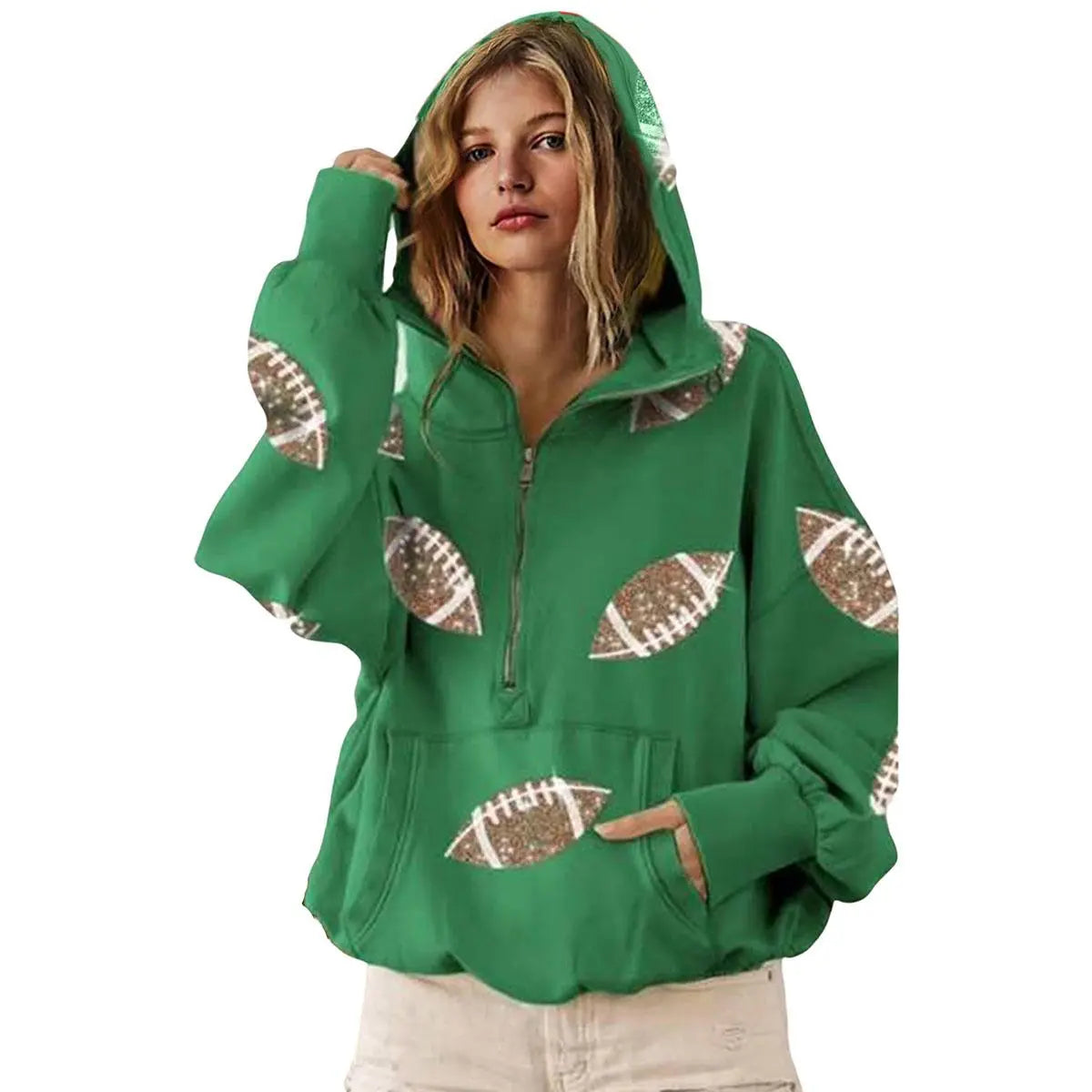 Ommig Women's Oversized Game Day Hoodie Casual Long‑Sleeve Half‑Zip Pullover with Sequin Football Print Kangaroo Pocket