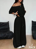 2pcs/Set Women's Clothes Minimalist Basic Casual Daily Wear Everyday Going Out Sport Comfortable Loose Baggy Off Shoulder T-Shirt And Wide Leg Pants Two Pieces Outfits