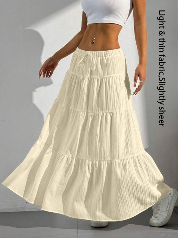 Women's Plain Color Decorative Tie Waist Ruffle Hem Half Skirt, Long Loose-Fitting Cake Skirt, Sweet Style, Unlined, Batch Number 18002