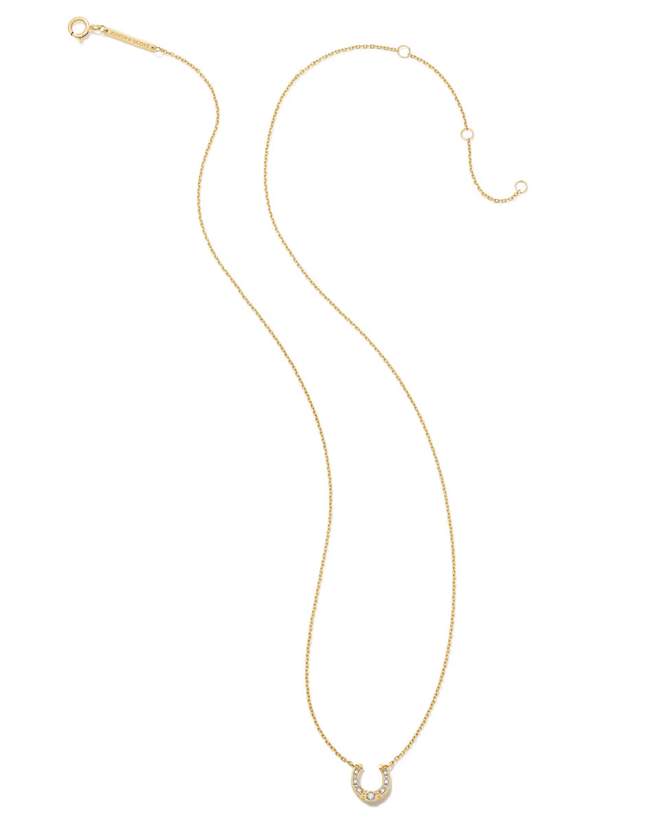Noble 14k Yellow Gold Horseshoe Short Pendant Necklace in White Diamond