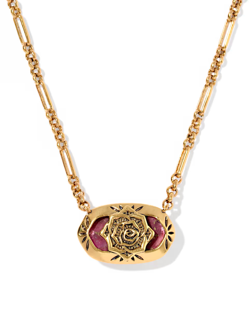 Elisa Vintage Gold Etch Frame Short Pendant Necklace in Variegated Turquoise Magnesite