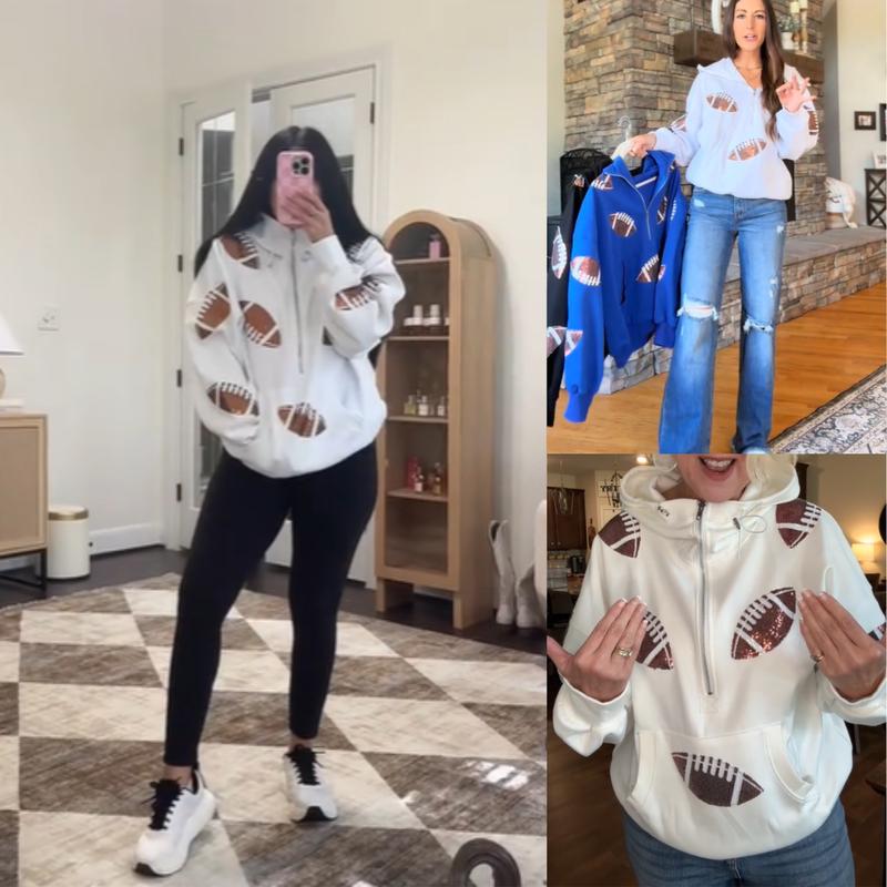 Ommig Women's Oversized Game Day Hoodie Casual Long‑Sleeve Half‑Zip Pullover with Sequin Football Print Kangaroo Pocket