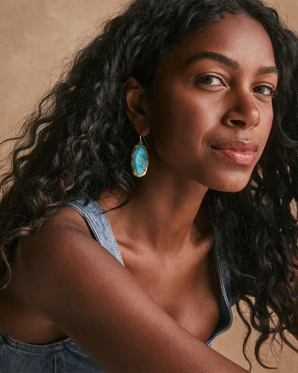 Elle Vintage Gold Etch Frame Drop Earrings in Bronze Veined Turquoise Magnesite Red Oyster