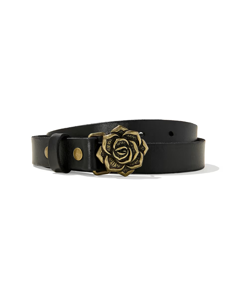 Rose Buckle Belt in Black Leather