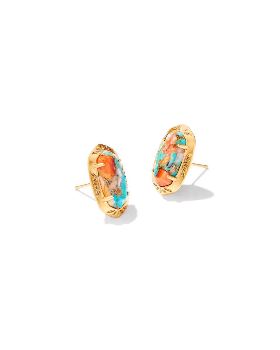 Ellie Vintage Gold Etch Frame Stud Earrings in Variegated Turquoise Magnesite