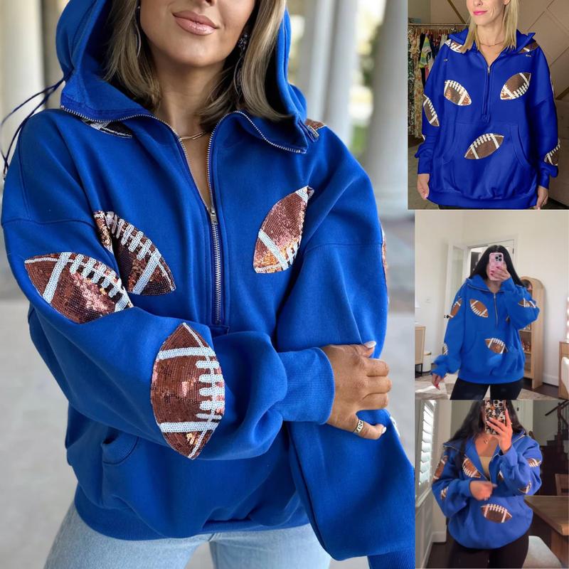 Ommig Women's Oversized Game Day Hoodie Casual Long‑Sleeve Half‑Zip Pullover with Sequin Football Print Kangaroo Pocket