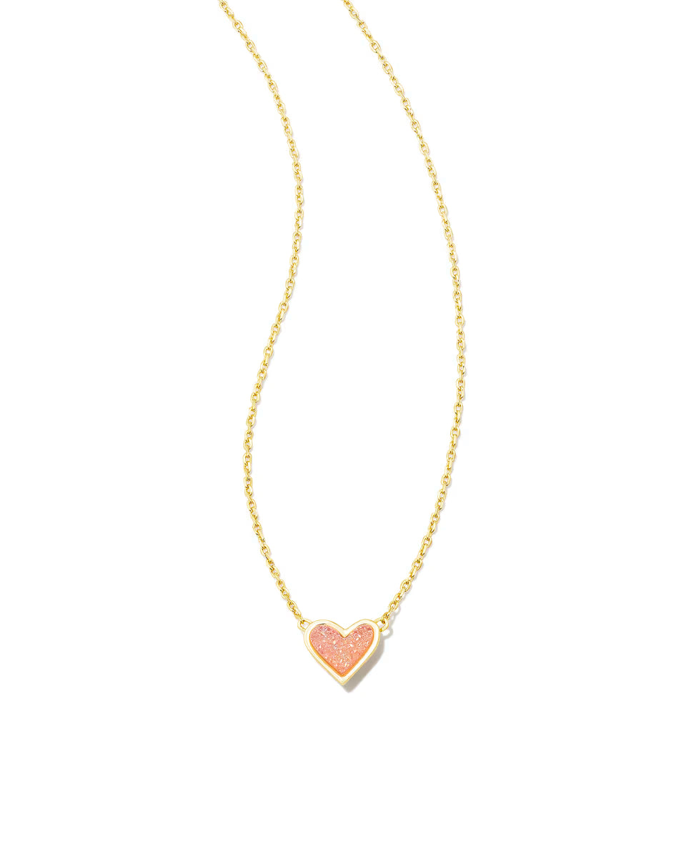 Framed Ari Heart Gold Short Pendant Necklace in Light Pink Drusy