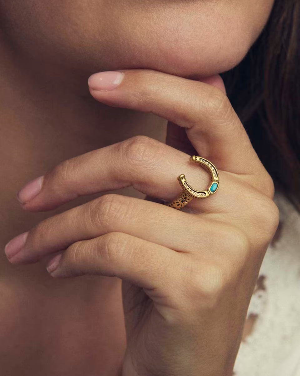 Noble Vintage Gold Horseshoe Cocktail Ring in Variegated Dark Teal Magnesite