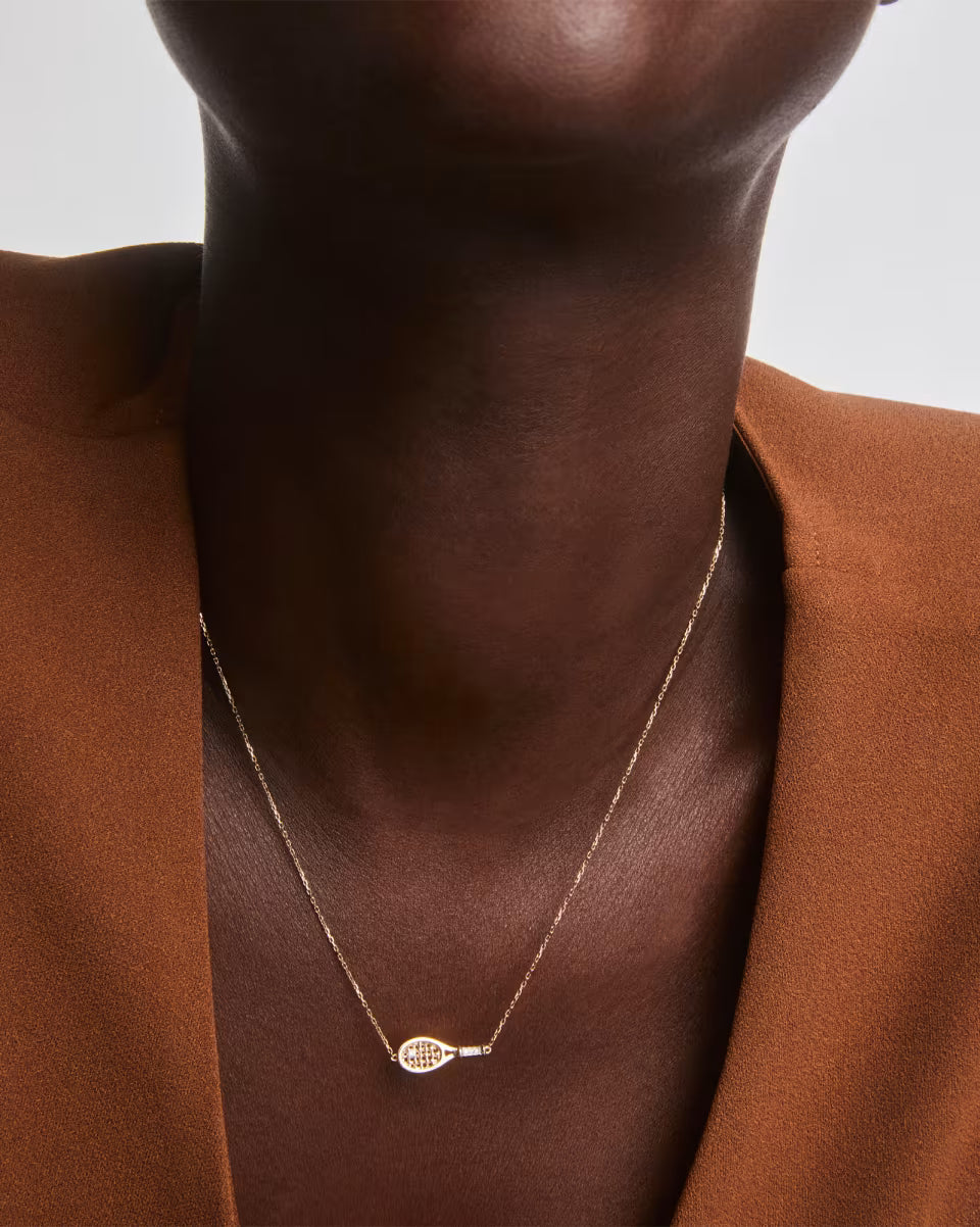 Diamond Accent Tennis Racket 14k Yellow Gold Necklace